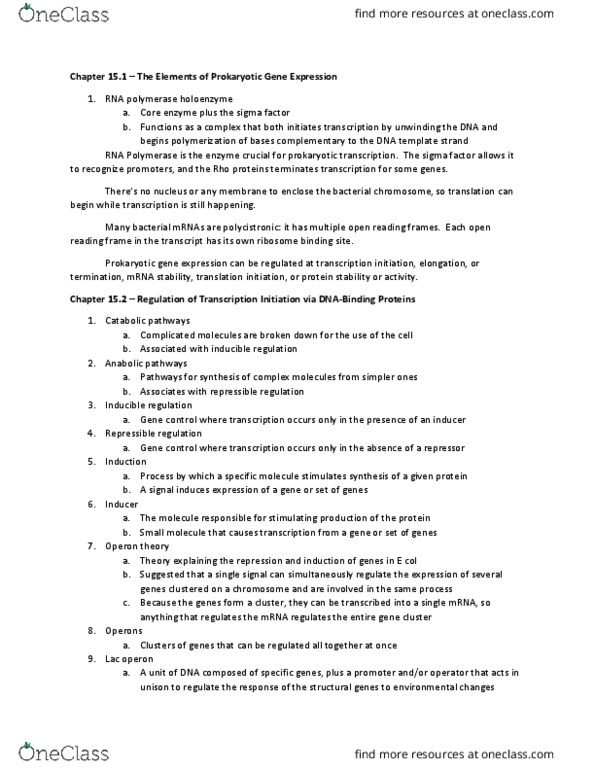 BIO 325 Chapter Notes - Chapter 15: Allolactose, Catabolite Repression, Conformational Change thumbnail