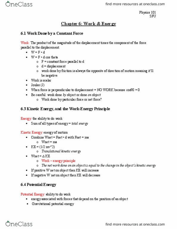 PHYS 101 Chapter Notes - Chapter 6: Gravitational Energy, Conservative Force, Net Force thumbnail