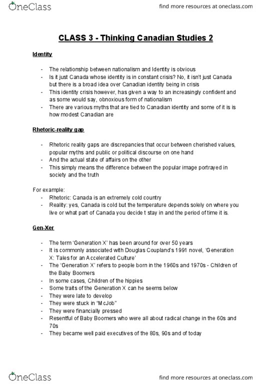 CDNS 1000 Lecture Notes - Lecture 3: Baby Boomers, Canadian Studies, Canadian Identity thumbnail