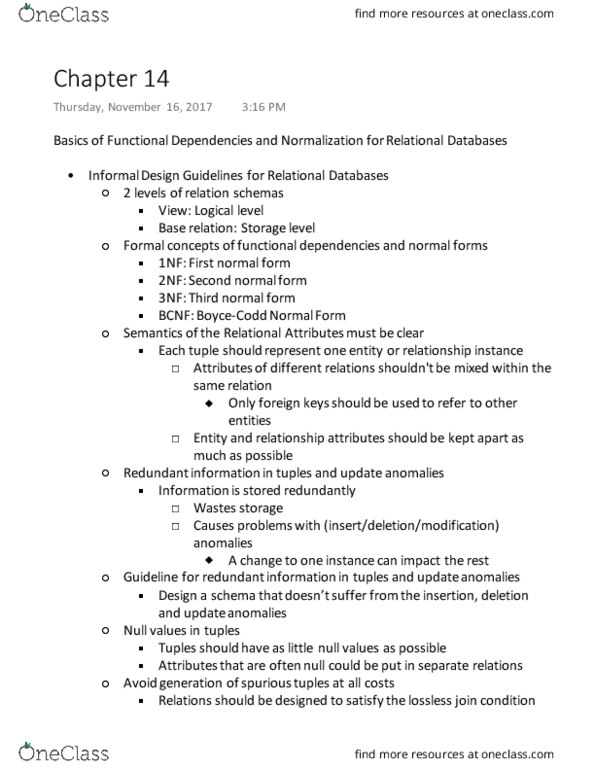 CS 4400 Chapter Notes - Chapter 14: Multivalued Dependency, Unique Key, Fifth Normal Form thumbnail