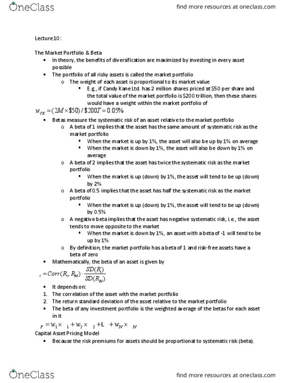 FIN 300 Lecture Notes - Lecture 10: Systematic Risk, Risk Premium, Weighted Arithmetic Mean thumbnail