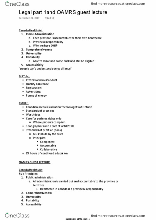 MEDRADSC 1F03 Lecture Notes - Lecture 20: Canada Health Act, Public Administration, Quality Assurance thumbnail