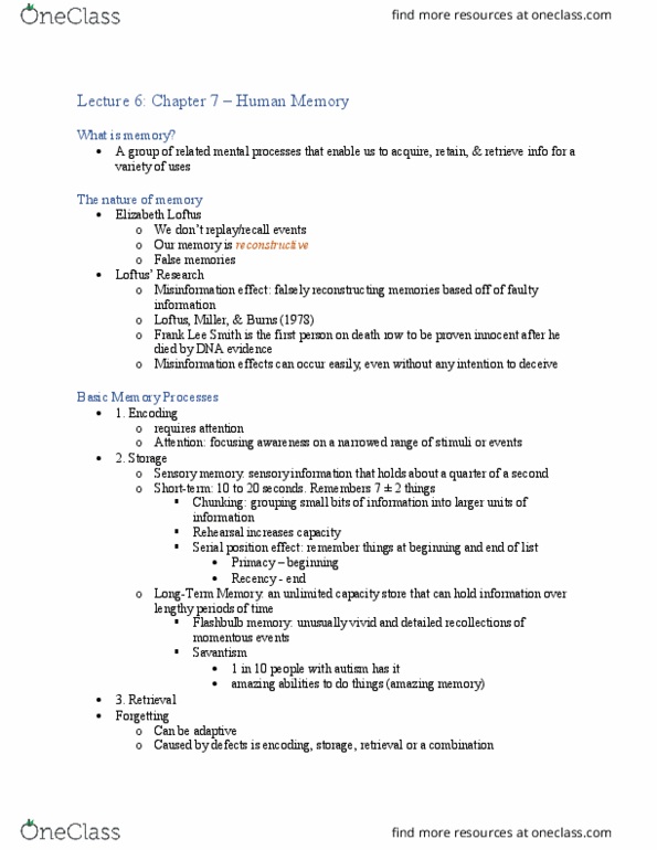 PSY 205 Lecture Notes - Lecture 6: Flashbulb Memory, Elizabeth Loftus, Sensory Memory thumbnail