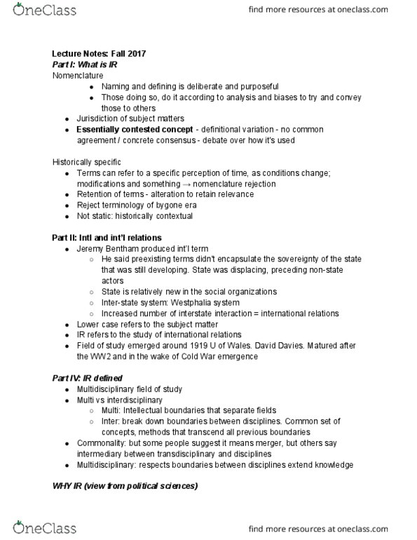 INTR 301 Lecture Notes - Lecture 1: Westphalian Sovereignty, Rational Choice Theory, Hans Morgenthau thumbnail