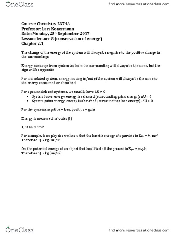 Chemistry 2374A Lecture Notes - Lecture 8: Gas Constant, Sign Convention, Adiabatic Process thumbnail