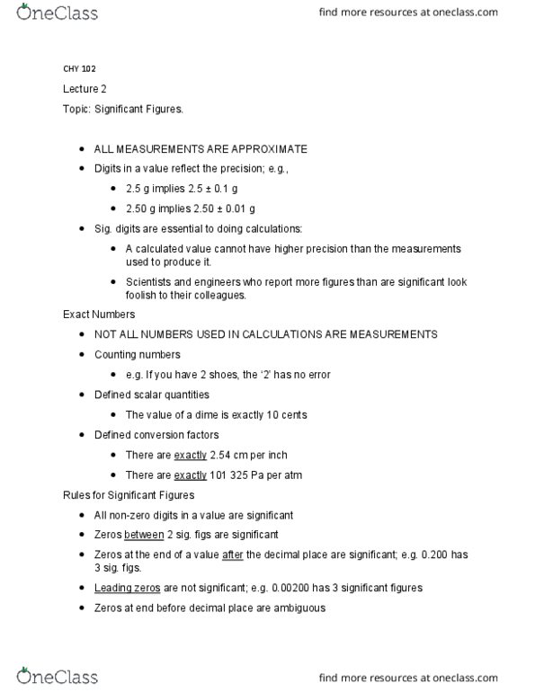 CHY 102 Lecture Notes - Lecture 2: Scientific Notation, Decimal Mark, Significant Figures thumbnail