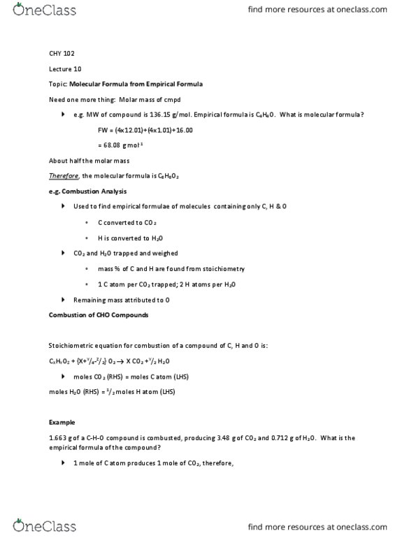 CHY 102 Lecture Notes - Lecture 9: Empirical Formula, Chemical Formula, Molar Mass thumbnail