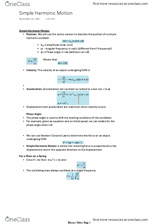 PHYS 1003 Lecture Notes - Lecture 21: Simple Harmonic Motion, Angular Frequency thumbnail