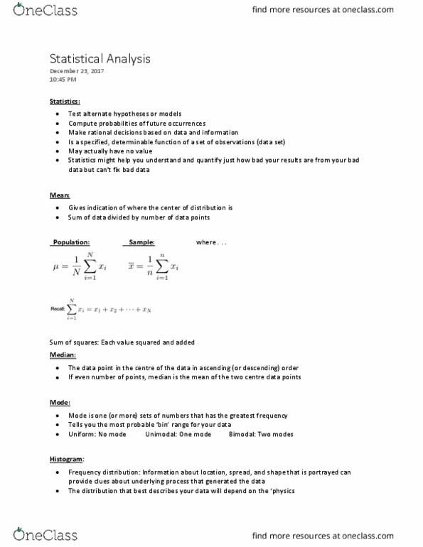 ECOR 1010 Lecture Notes - Lecture 11: Unimodality, Frequency Distribution, Histogram thumbnail