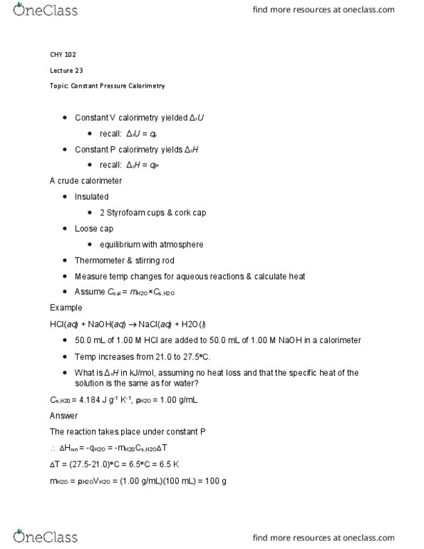 CHY 102 Lecture Notes - Lecture 23: Calorimetry, Sodium Hydroxide, Thermometer thumbnail