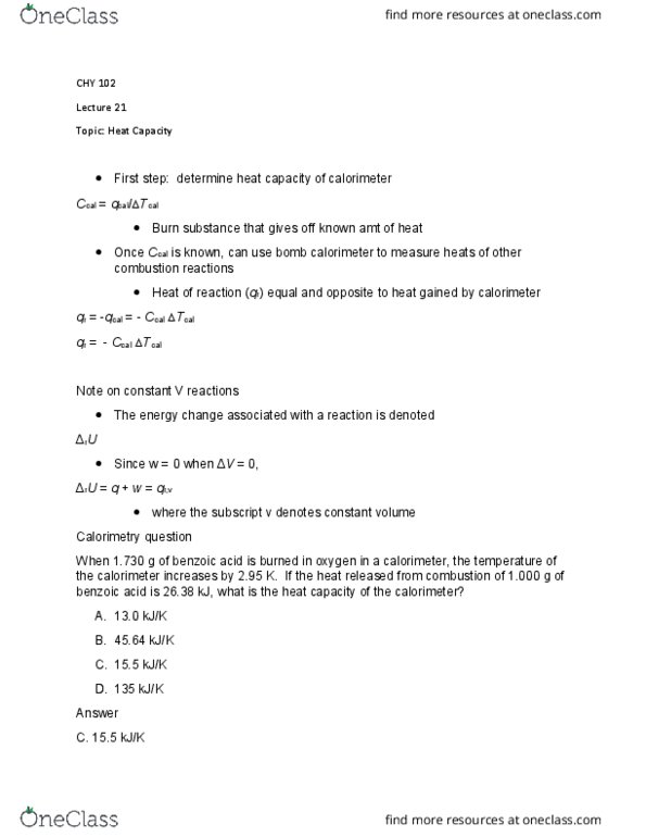 CHY 102 Lecture Notes - Lecture 21: Calorimeter, Joule, Calorimetry thumbnail
