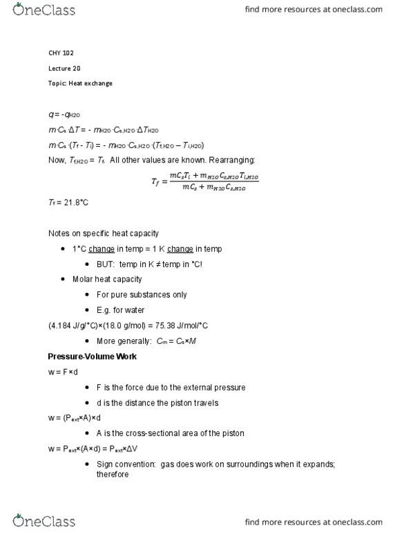 CHY 102 Lecture Notes - Lecture 20: Calorimetry, Heat Capacity, Sign Convention thumbnail