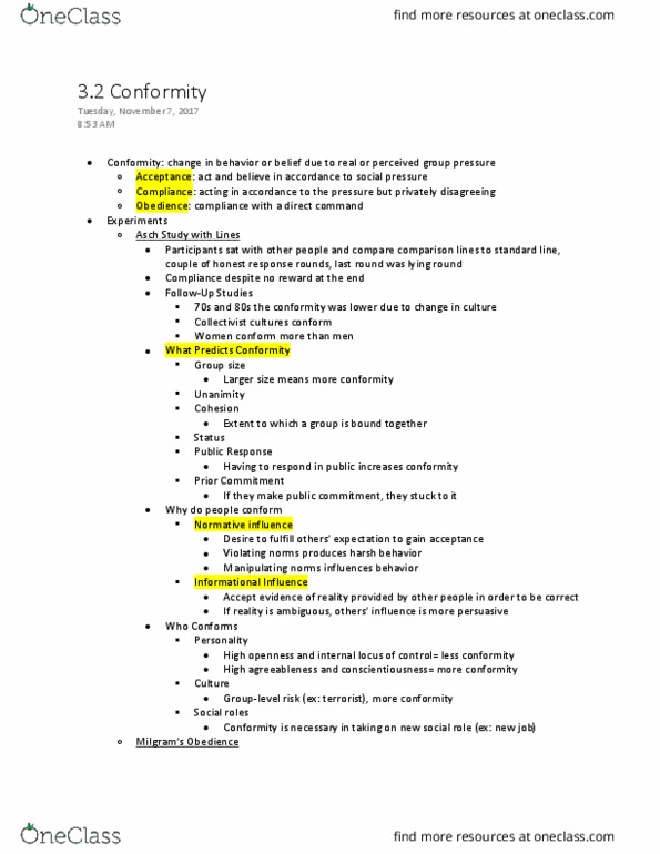 PSY 311 Lecture Notes - Lecture 12: Stationary Point, Suggestibility, Agreeableness thumbnail