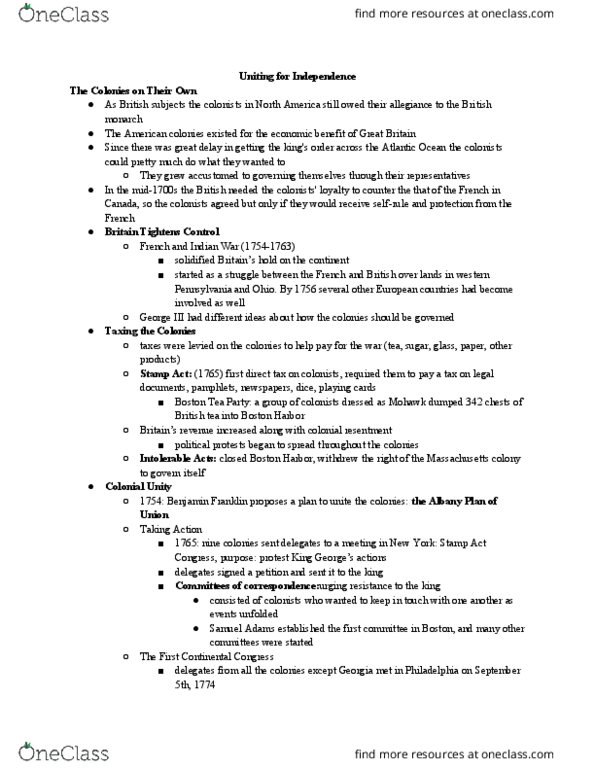 HILD 2A-B-C Chapter Notes - Chapter 2-2: Continental Army, Limited Government, Minutemen thumbnail
