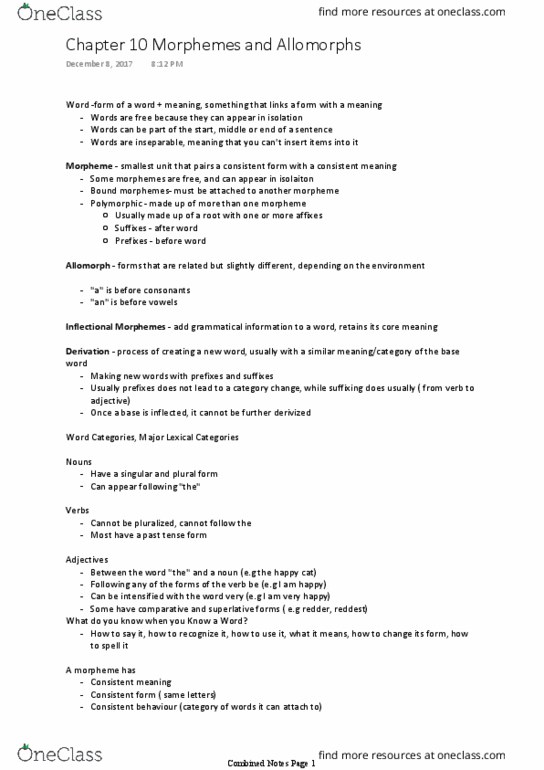 LINGUIST 1A03 Chapter Notes - Chapter 10: Circumfix, Allomorph thumbnail