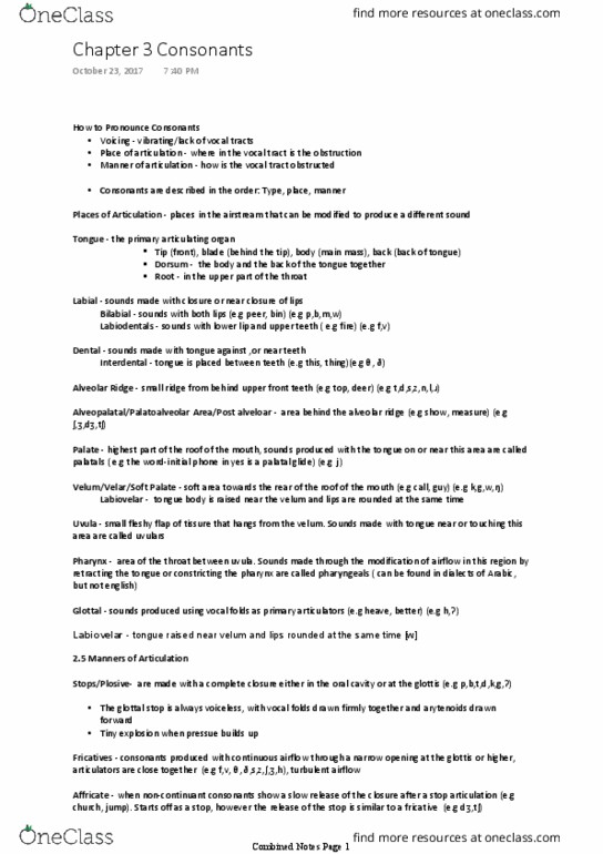 LINGUIST 1A03 Chapter Notes - Chapter 3: Coronal Consonant, Sibilant, Vocal Tract thumbnail