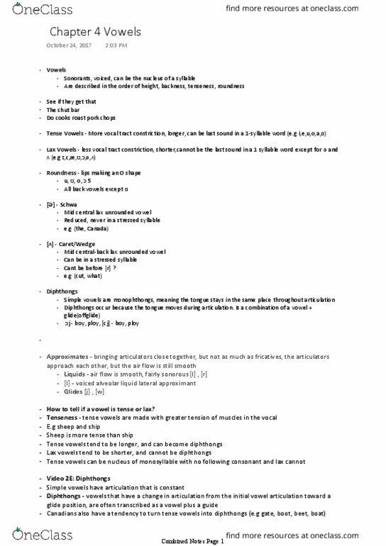 LINGUIST 1A03 Chapter Notes - Chapter 4: Semivowel, Liquid Consonant, Mid Vowel thumbnail