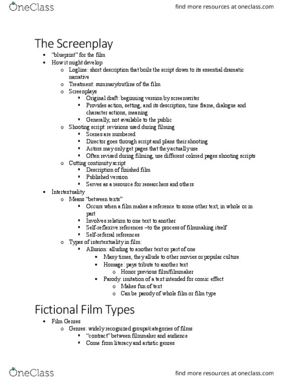 COMM 3000 Lecture Notes - Lecture 10: Romantic Comedy Film, Shooting Script, Intertextuality thumbnail