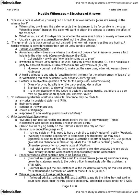 JSB171 Lecture Notes - Lecture 1: Hostile Witness, Prior Consistent Statements And Prior Inconsistent Statements, Voir Dire thumbnail