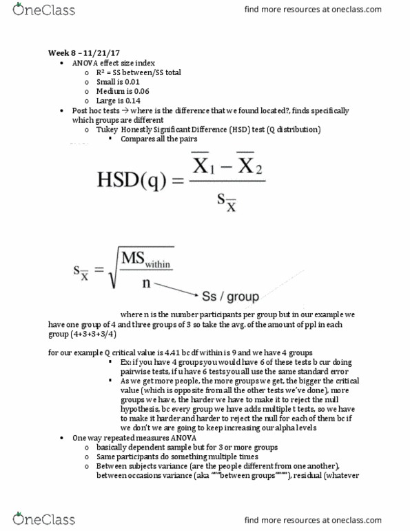 PSYCH 100A Lecture Notes - Lecture 8: Repeated Measures Design, Null Hypothesis, John Tukey thumbnail