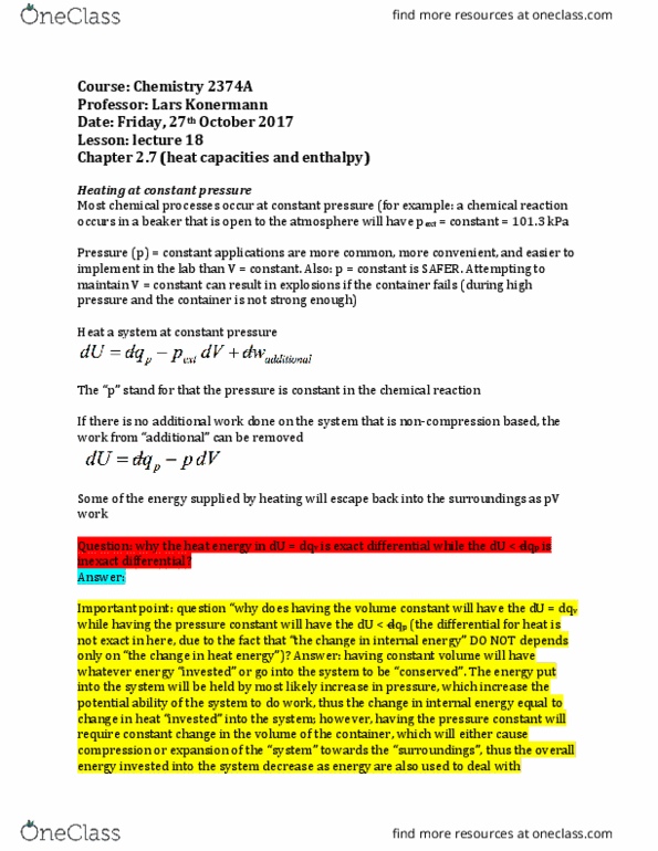 Chemistry 2374A Lecture Notes - Lecture 18: Inexact Differential, Exact Differential thumbnail