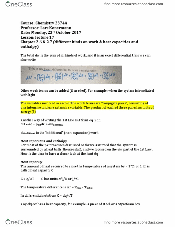 Chemistry 2374A Lecture Notes - Lecture 17: Thermal Reservoir, Heat Capacity, Exact Differential thumbnail