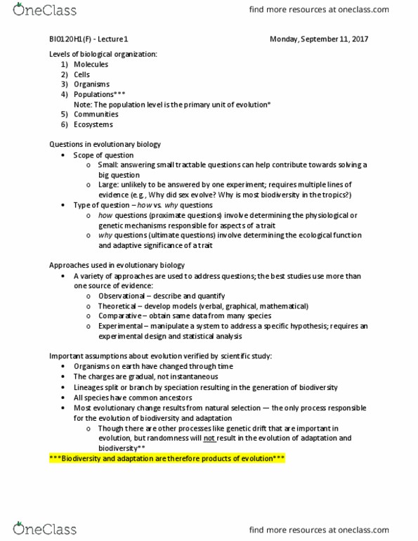 BIO120H1 Lecture Notes - Lecture 1: Theodosius Dobzhansky, Macroevolution, Biogeography thumbnail
