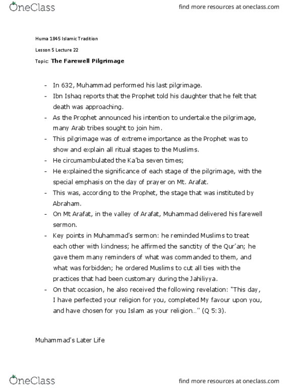 HUMA 1845 Lecture Notes - Lecture 22: Farewell Pilgrimage, Ibn Ishaq, Jahiliyyah thumbnail