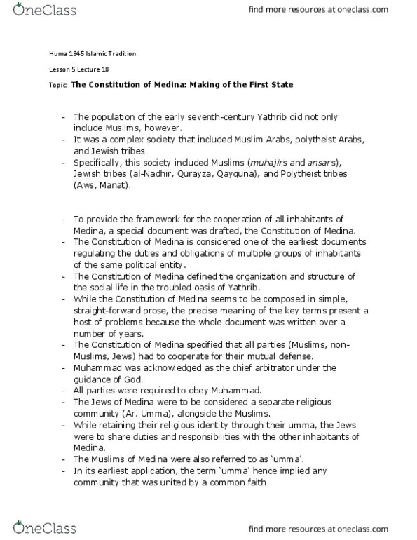 HUMA 1845 Lecture Notes - Lecture 18: Ilkhanate, Banu Qurayza, Polytheism thumbnail