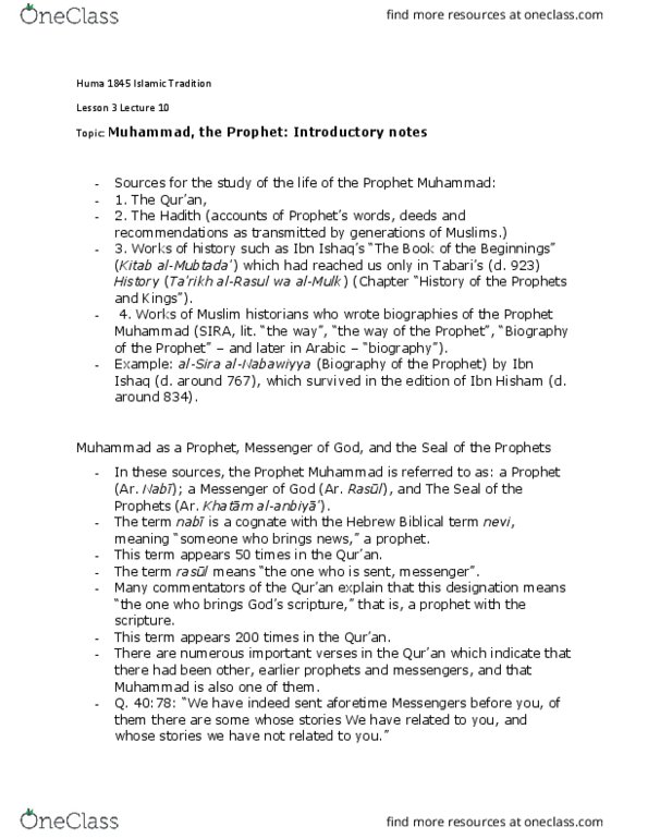 HUMA 1845 Lecture Notes - Lecture 10: Surah, Israelites, Ibn Ishaq thumbnail