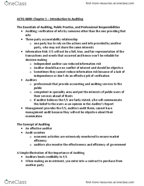 ACTG 4600 Chapter Notes - Chapter 1: Internal Control, Bookkeeping, Financial Statement thumbnail