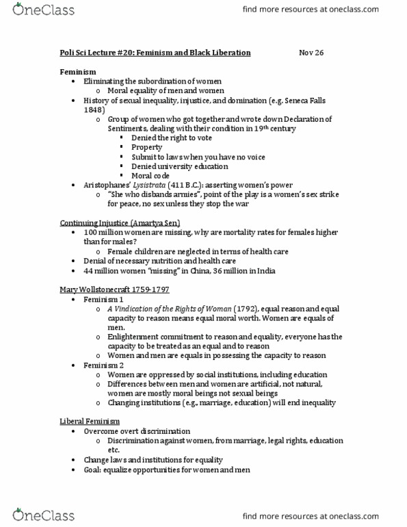 Political Science 1020E Lecture Notes - Lecture 20: Catharine Mackinnon, Amartya Sen, Mary Wollstonecraft thumbnail