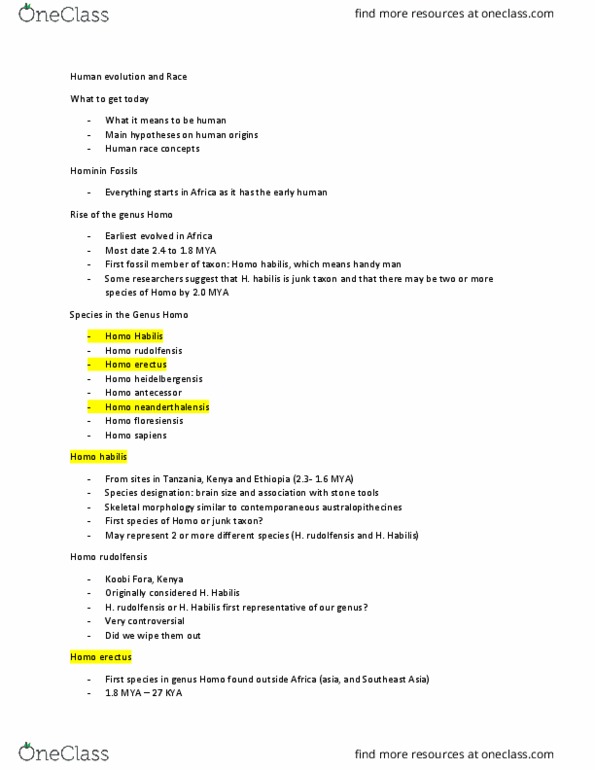 ANT100Y1 Lecture Notes - Lecture 5: Neanderthal Genome Project, Evolutionary Anthropology, Melanin thumbnail