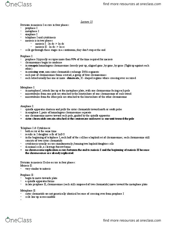 BIOL 1020 Lecture Notes - Lecture 22: Sister Chromatids, Spindle Apparatus, Cleavage Furrow thumbnail