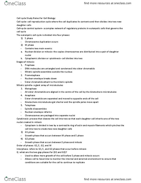 BLG 311 Lecture 7: Section 7: Cell Cycle Study Notes for Cell Biology thumbnail