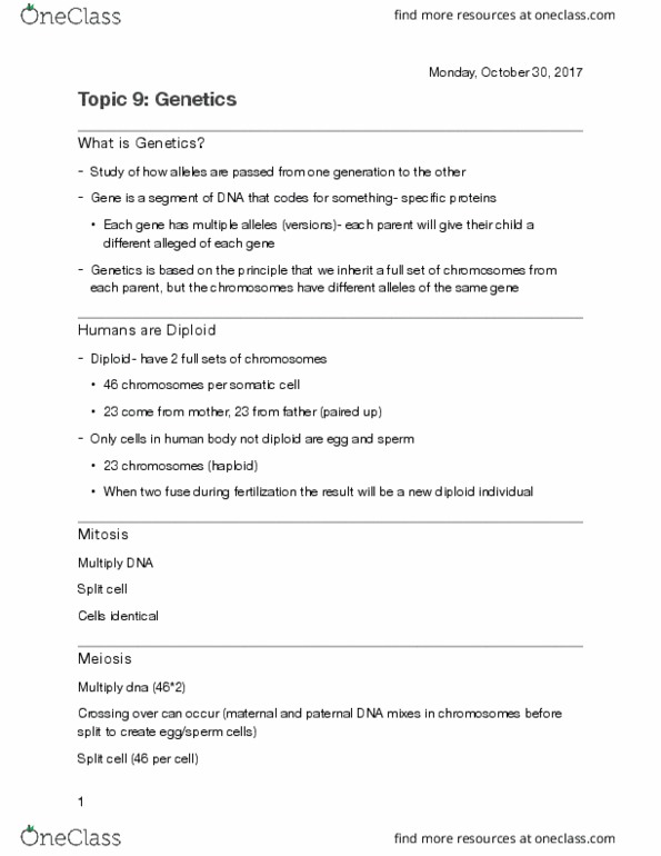 KINE 200 Lecture Notes - Lecture 9: Gamete, Trisomy, Chromosome thumbnail