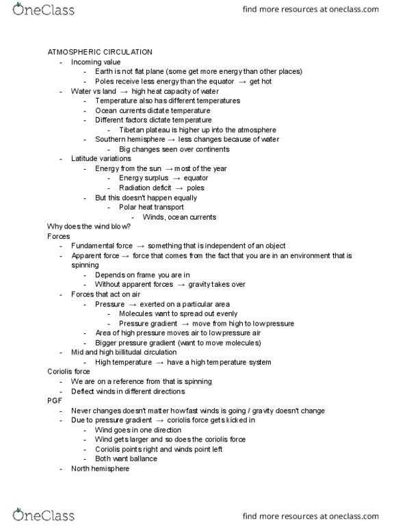 ENVR 200 Lecture Notes - Lecture 8: Coriolis Force, Hadley Cell, Pressure Gradient thumbnail