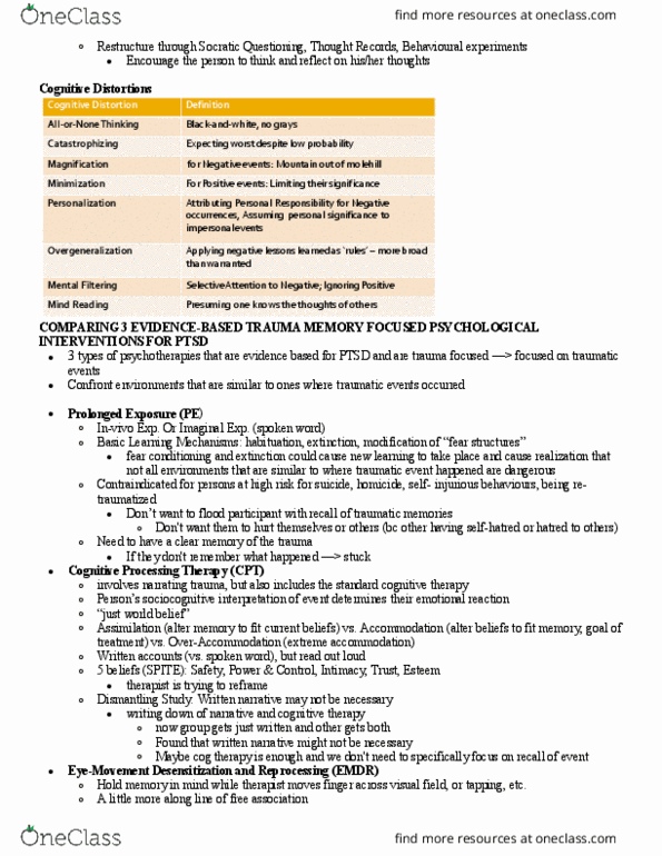 Psychology 3316F/G Lecture Notes - Lecture 9: Cognitive Processing Therapy, Trauma Trigger, Cognitive Therapy thumbnail