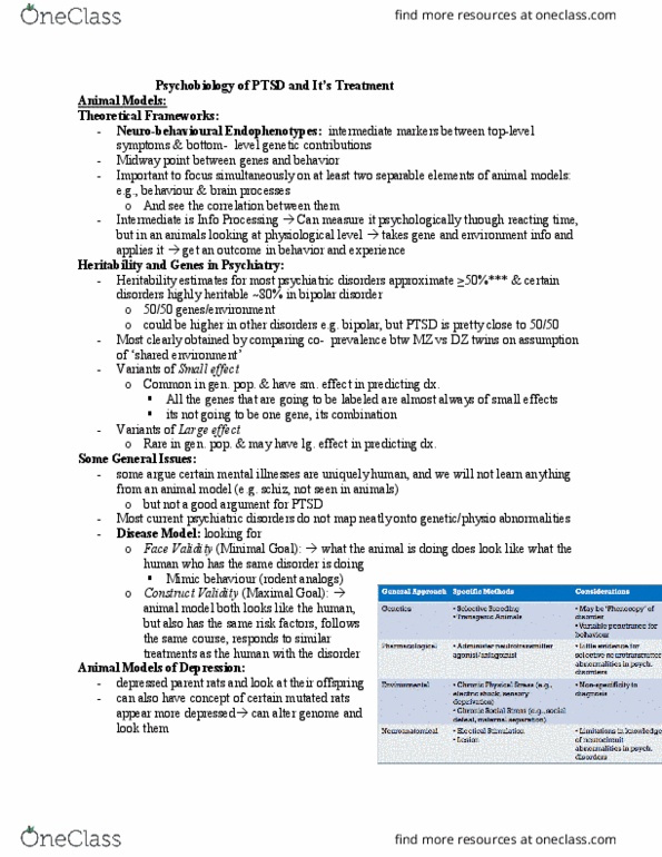 Psychology 3316F/G Lecture Notes - Lecture 15: Model Organism, Posttraumatic Stress Disorder, Face Validity thumbnail