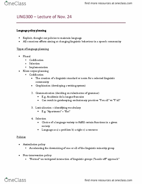 LING 300 Lecture Notes - Lecture 11: Language Policy, Language Planning, Speech Community thumbnail