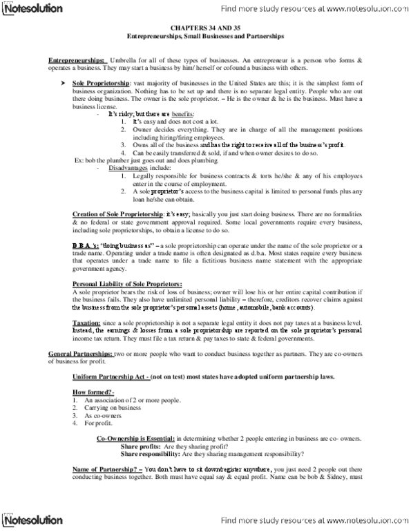 MGMT 644 Lecture Notes - Uniform Partnership Act, Sole Proprietorship, Legal Personality thumbnail