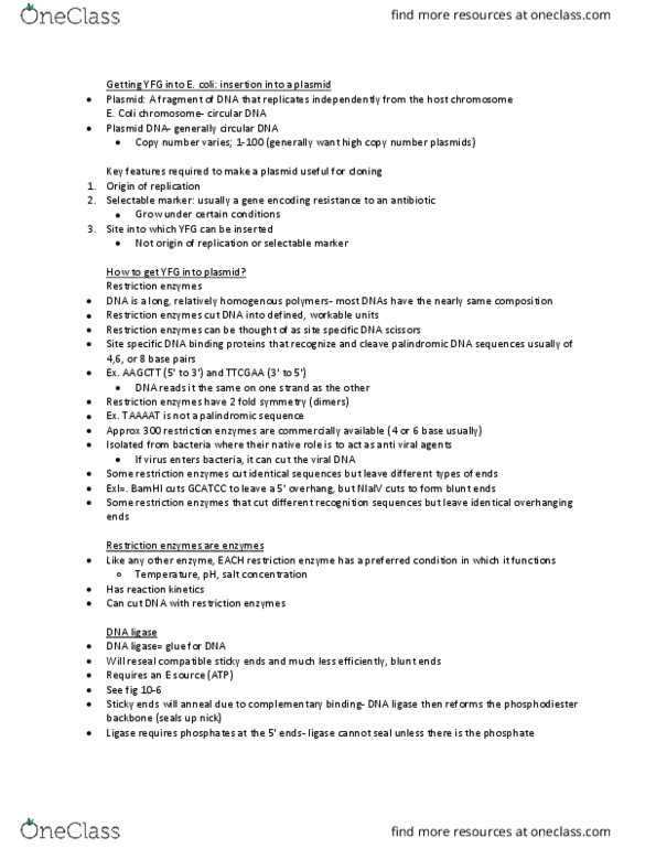 Biochemistry 2280A Lecture Notes - Lecture 21: Selectable Marker, Restriction Enzyme, Plasmid thumbnail