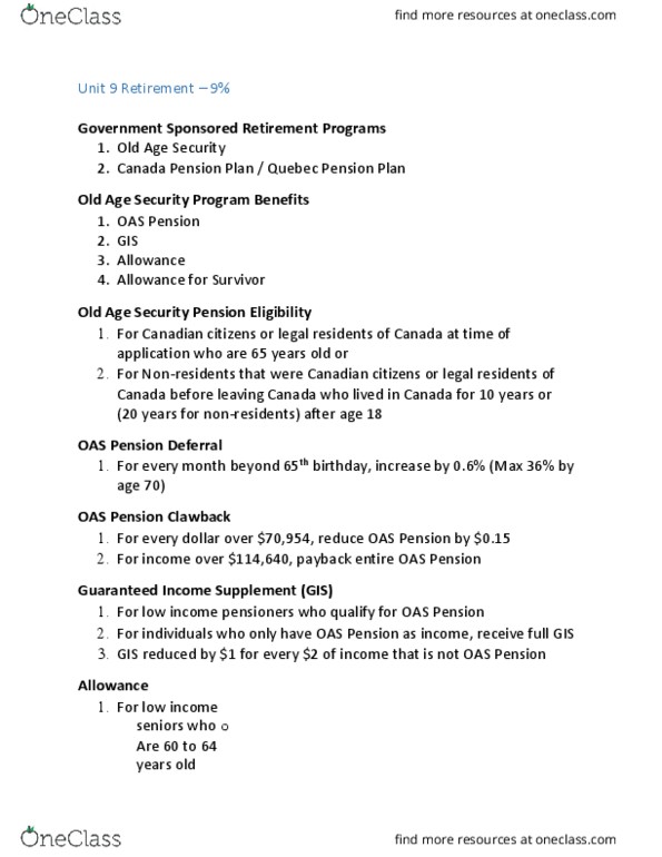 Financial Services _Ã‡Ã´ Client Services RFC126 Chapter Notes - Chapter 9: Old Age Security, Canada Pension Plan, Deferral thumbnail