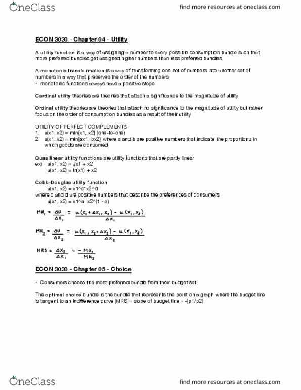 ECON 3030 Chapter Notes - Chapter 4-5: Quasilinear Utility, Cardinal Utility, Ordinal Utility thumbnail