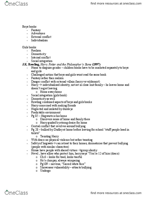 English 2033E Lecture Notes - Lecture 21: List Of Supporting Harry Potter Characters, Lord Voldemort, Hogwarts thumbnail