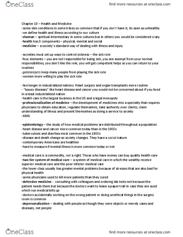 SOC-2010 Chapter Notes - Chapter 19-20: Sick Role, Cardiac Surgery, Defensive Medicine thumbnail