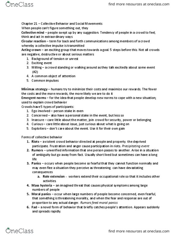 SOC-2010 Chapter Notes - Chapter 21: Collective Behavior, Mass Hysteria, Cherry Picking thumbnail