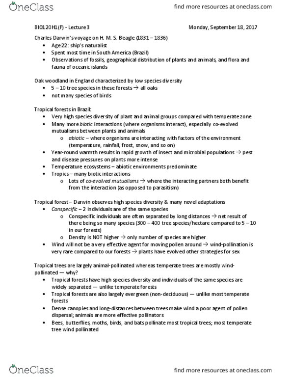 BIO120H1 Lecture Notes - Lecture 3: Tropical And Subtropical Moist Broadleaf Forests, Daniel H. Janzen, Temperate Climate thumbnail