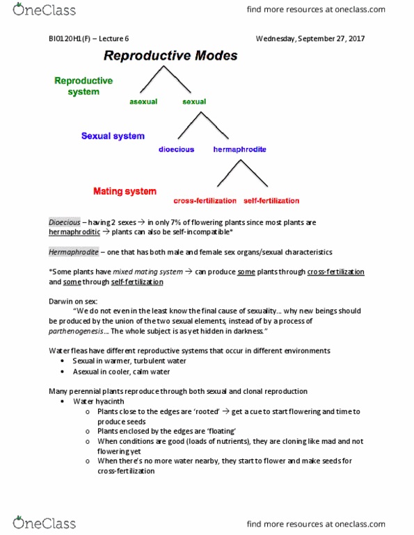 BIO120H1 Lecture Notes - Lecture 6: Eichhornia Crassipes, Dioecy, Parthenogenesis thumbnail