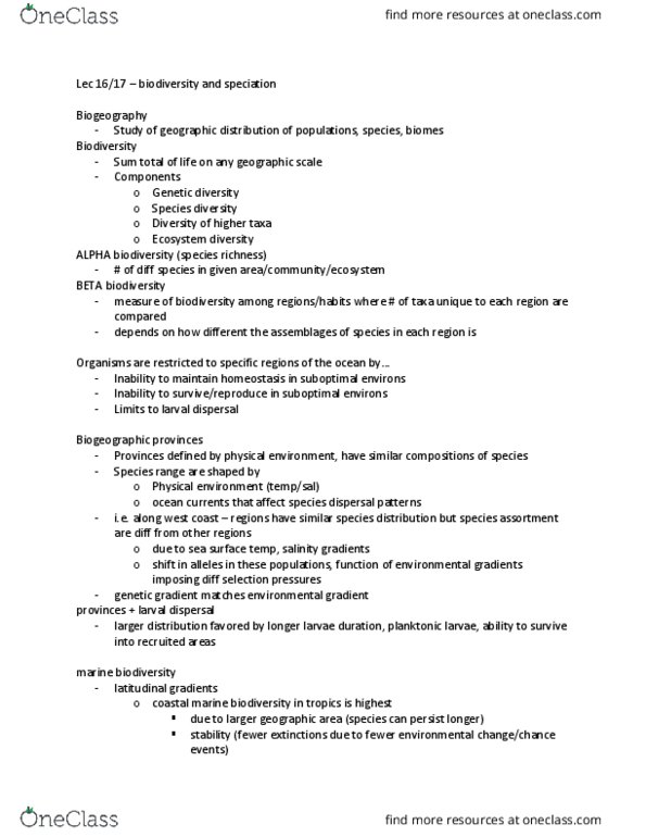 EE BIOL 109 Lecture Notes - Lecture 16: Ecosystem Diversity, Allopatric Speciation, Species Richness thumbnail